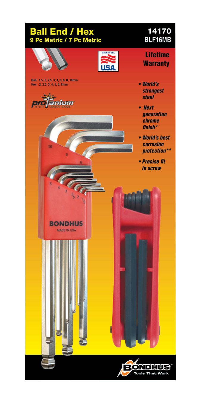 BONDHUS BLX9mm BriteGuard BallEnd Hex Key Set inc 12587 Gorilla Grip, 14170