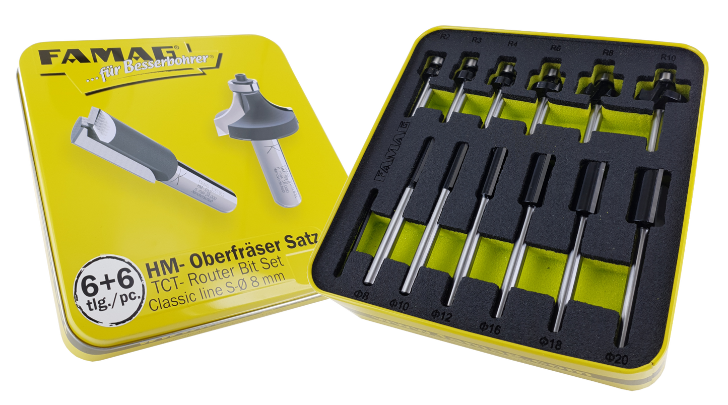 FAMAG TCT Router Bit Set 'Classic line' 6+6-pcs in metal box, 3381866