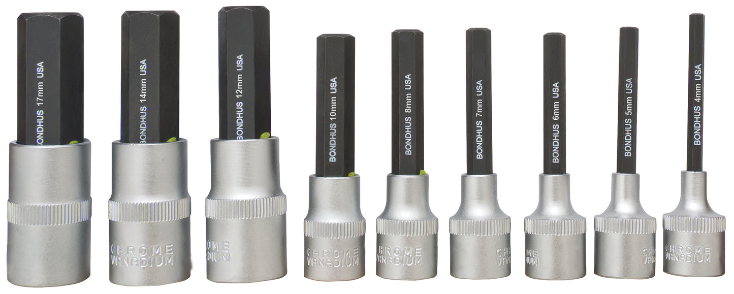 BONDHUS PHX9M/S-2 2" (50mm) ProHold InHex Sockets & Bits 9pcs Metric Set 4mm-17mm, 43298