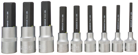 BONDHUS PHX9M/S-2 2" (50mm) ProHold InHex Sockets & Bits 9pcs Metric Set 4mm-17mm, 43298