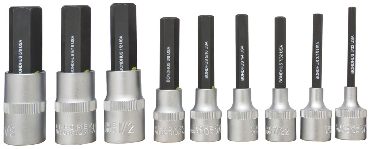 BONDHUS PHX9/S-2 2" (50mm) ProHold InHex Sockets & Bits 9pcs Imperial Set 5/32"-5/8", 43299
