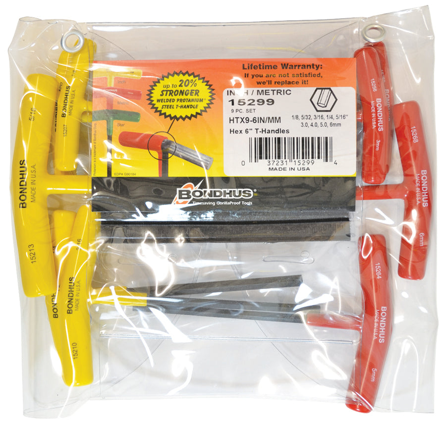 BONDHUS HTX9-6 IN/M T-Handle 6" Hex Driver 9pcs Imperial Set 1/8"-5/16" & 3mm-6mm 15299