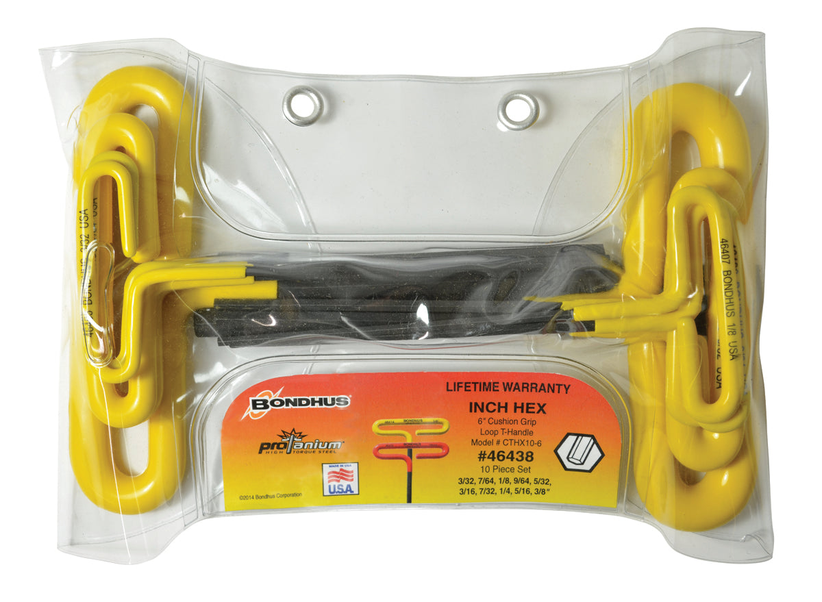 BONDHUS CTHX10-6 T-Handle Hex Cushion Grip 6" 10 pcs Imperial Set 3/32"-3/8", 46438