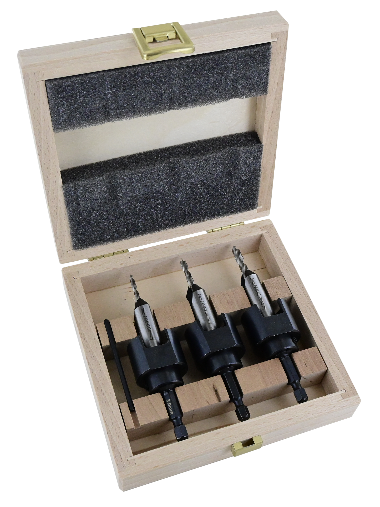 FAMAG 3pcs Brad point & Adjustable VARIO 180° Countersink set in wooden case, 3577504