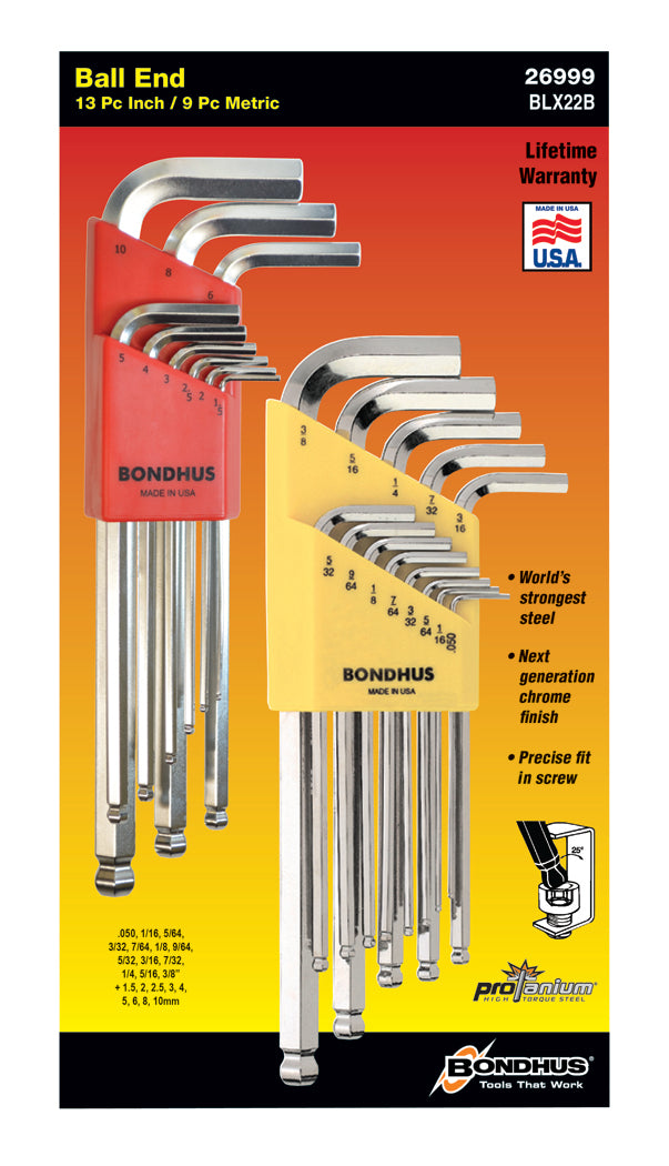 BONDHUS BLX22B Double Pack BriteGuard BallEnd Hex Key 22pcs Set, 26999