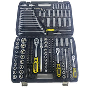 Open socket wrench set in a black plastic case, showing multiple sockets, ratchets, wrenches, and screwdrivers arranged in compartments against a white background.