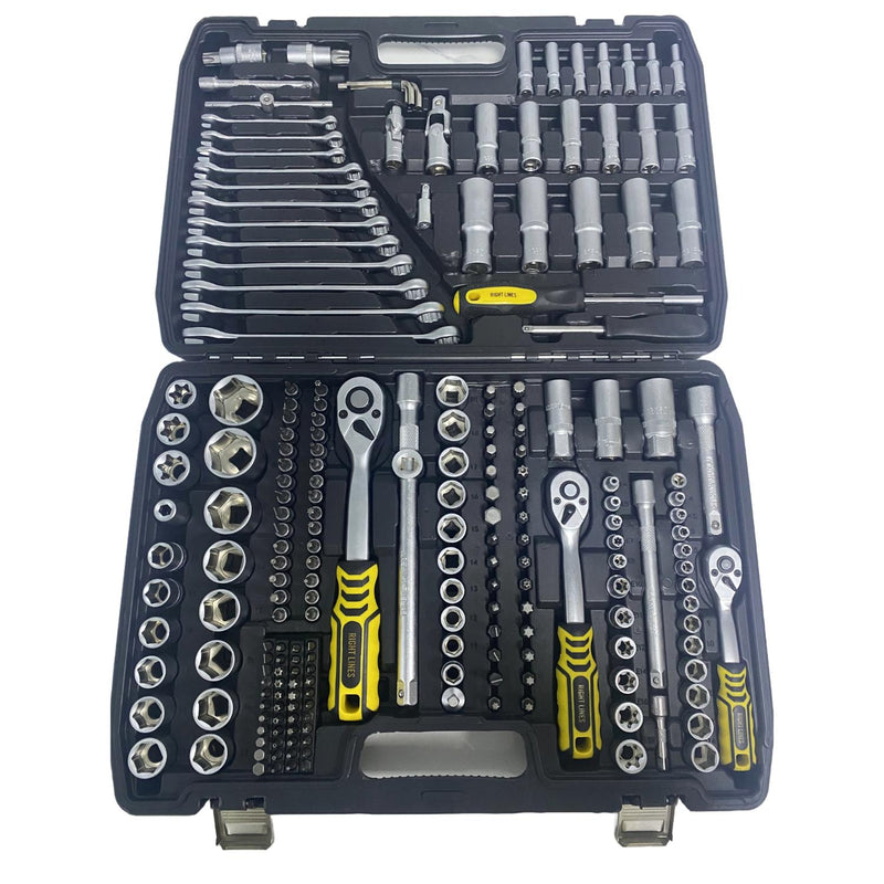 Open socket wrench set in a black plastic case, showing multiple sockets, ratchets, wrenches, and screwdrivers arranged in compartments against a white background.