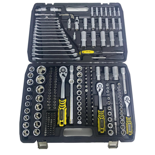 Open socket wrench set in a black plastic case, showing multiple sockets, ratchets, wrenches, and screwdrivers arranged in compartments against a white background.