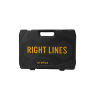 A black plastic carrying case with a handle, featuring the brand name 'RIGHT LINES' in bold yellow text and '216PCS' printed below, shown against a plain white background.