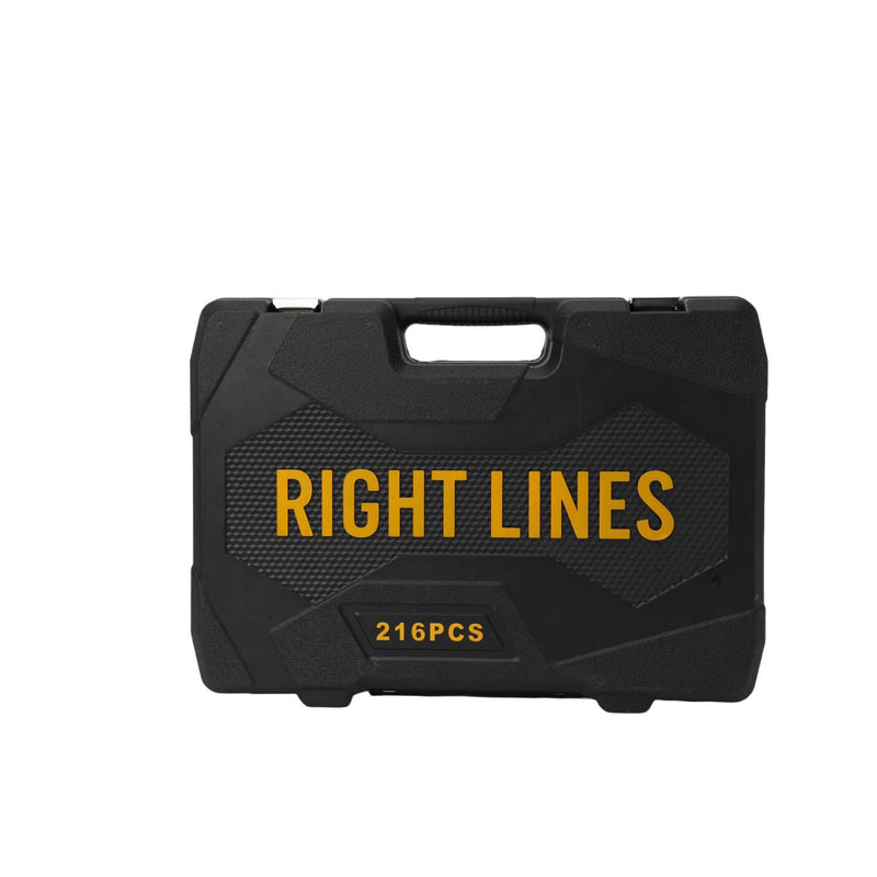 A black plastic carrying case with a handle, featuring the brand name 'RIGHT LINES' in bold yellow text and '216PCS' printed below, shown against a plain white background.