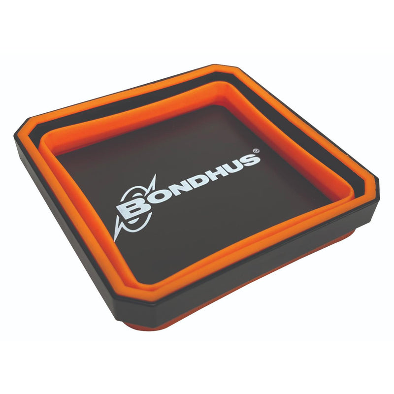 A square Bondhus magnetic pop up tray with a black center, orange inner border, and dark gray outer edge, featuring the white Bondhus logo on the top surface.