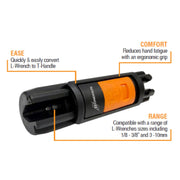 A black and orange L-Wrench to T-Handle conversion tool shown on a white background with callout labels reading EASE, COMFORT, and RANGE.
