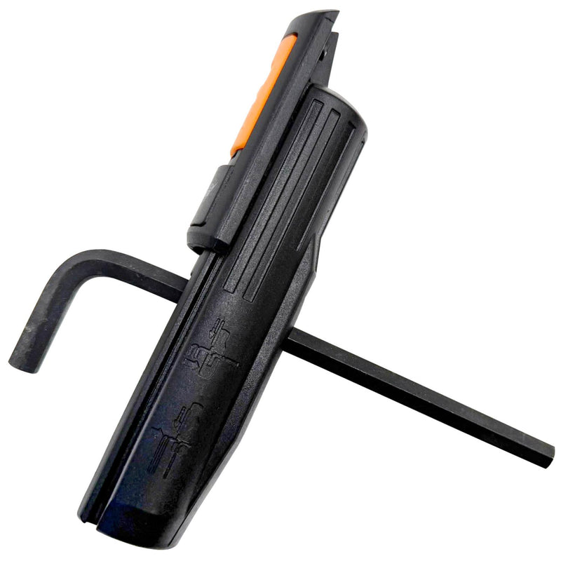 A black plastic hex key tool with an orange accent tab, shown on a plain white background.