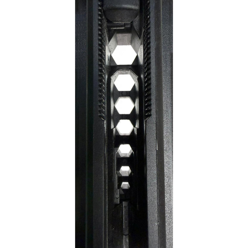 Close-up of a black textured plastic or metal component with a repeating hexagonal cutout pattern, shown vertically against a plain white background.