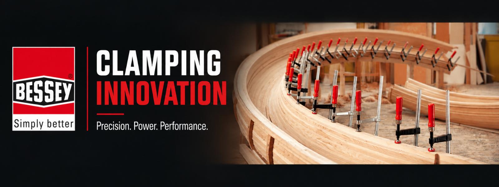 Bessey clamps shown in use on a curved wooden panel in a workshop setting, with a black banner on the left featuring the Bessey logo and the words 'CLAMPING INNOVATION' and 'Precision. Power.