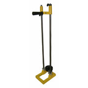 Yellow metal drill stand with adjustable legs on a white background