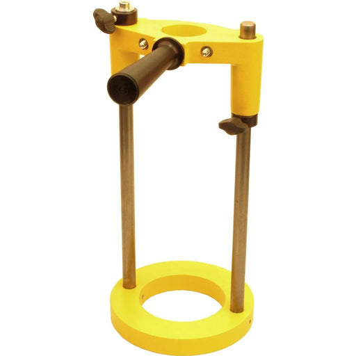 Yellow metal stand with brown cylindrical components on a white background