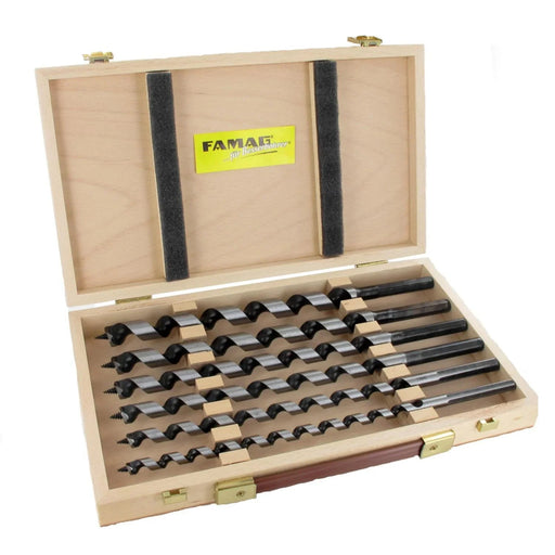 Set of 6 auger bits in a wooden case with FAMAG branding.
