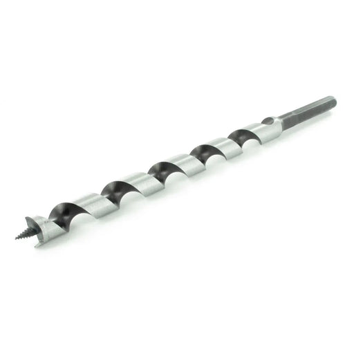 Drill bit with black and silver segments on a white background