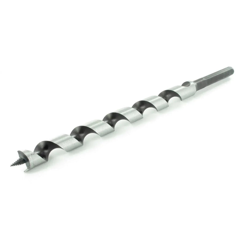 Drill bit with black and silver segments on a white background