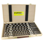 Set of 8 Auger bits in a wooden case with FAMAG logo on the box lid on a white background
