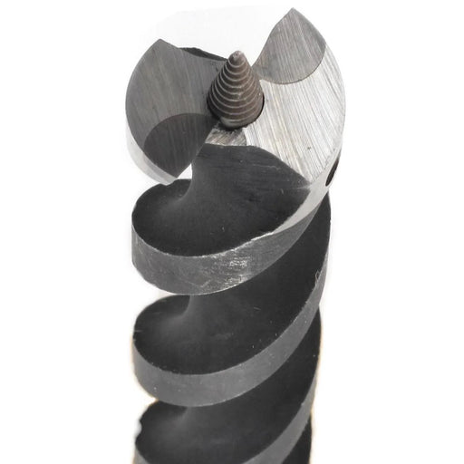 close up of tip of a Metal drill bit on a white background