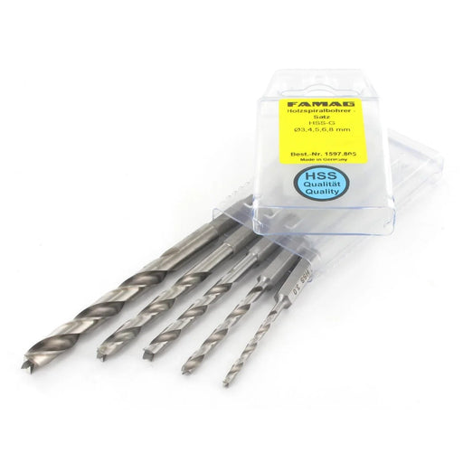 Set of 5 drill bits in a clear plastic case on a white background
