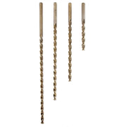 Set of four drill bits of varying lengths on a white background