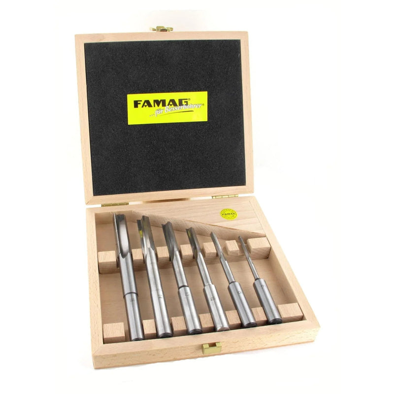 Set of 6 Slot milling drill bits in a wooden box with FAMAG branding on a white background