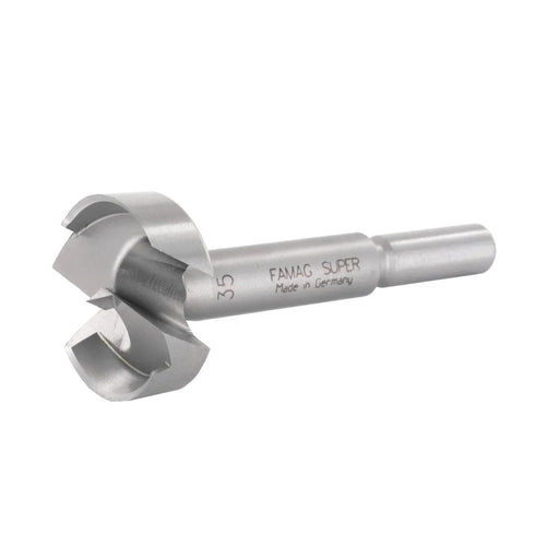 Metal drill bit with '35 FAMAG SUPER Made in Germany' etched into it  on a white background