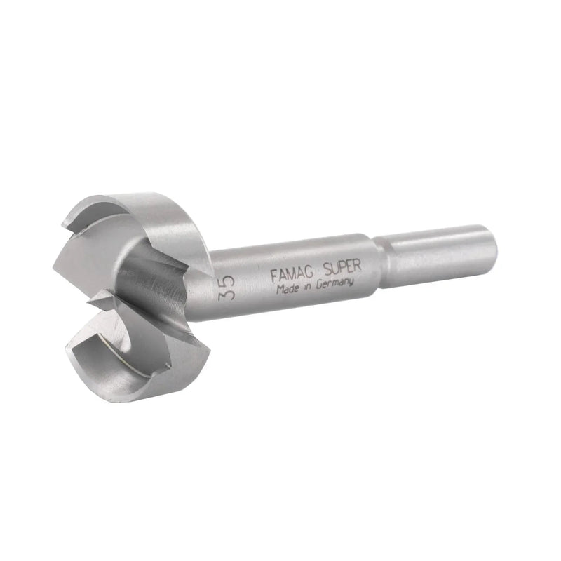 Metal drill bit with '35 FAMAG SUPER Made in Germany' etched into it  on a white background