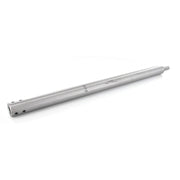 Silver coloured metal rod with engraved text on a white background