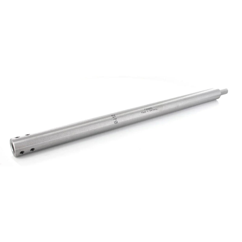 Silver coloured metal rod with engraved text on a white background