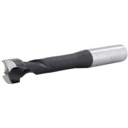 Drill bit with black and silver design on a white background