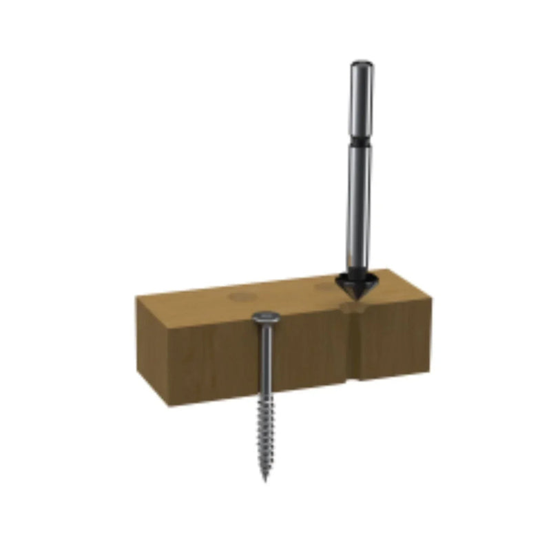 Screw and drill bit on a wooden block with a white background