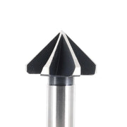 Metal router bit with three angled cutting edges on a white background