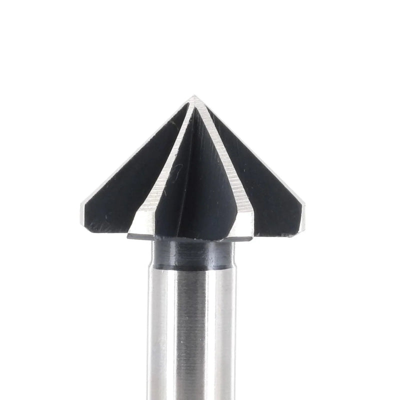 Metal router bit with three angled cutting edges on a white background