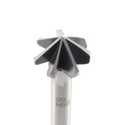 Metal router bit with multiple cutting edges on a white background