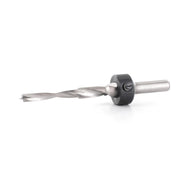metal Drill bit fitted with a black depth adjuster on a white background