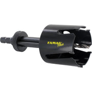 Black hole saw with 'FAMAG' branding on mounting shaft on a white background