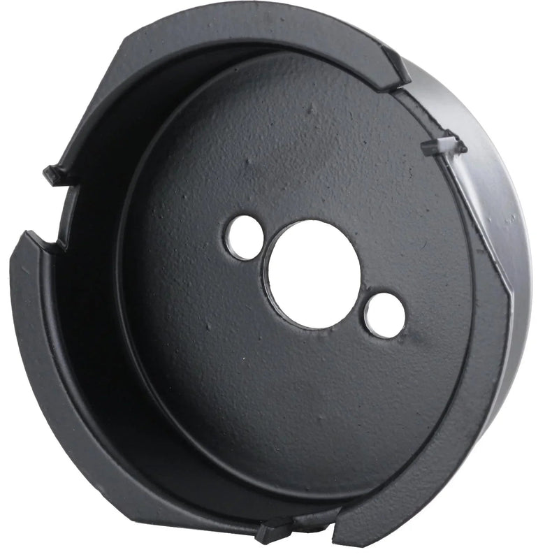 Black metal circular hole edge countersink on a white background