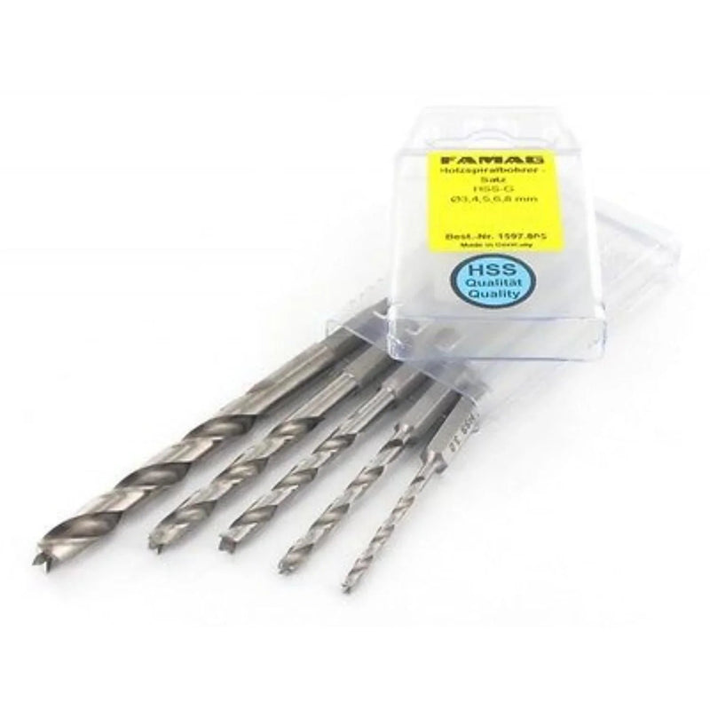 Set of drill bits in a clear plastic case with a yellow label on a white background