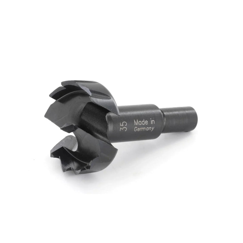 Black metal drill bit with 'Made in Germany' text on a white background