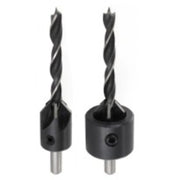 Two drill bits with differing diameter countersinks on a white background