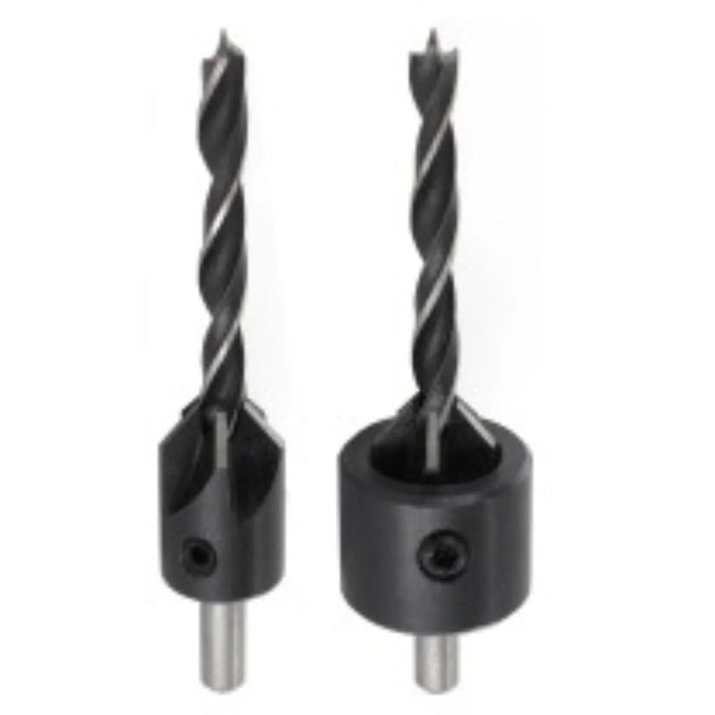 Two drill bits with differing diameter countersinks on a white background