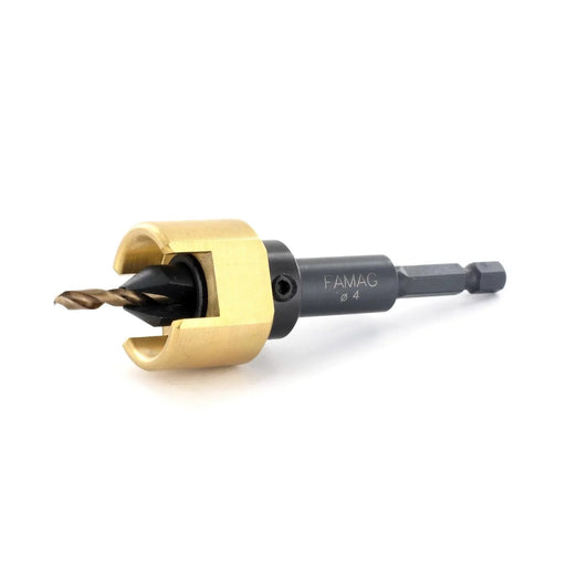 Gold colored depth stop on a drill bit on a white background
