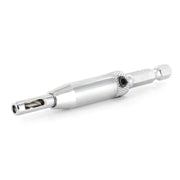Metallic self centring hinge hole drill on a white background