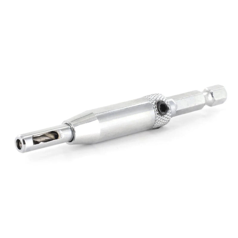 Metallic self centring hinge hole drill on a white background
