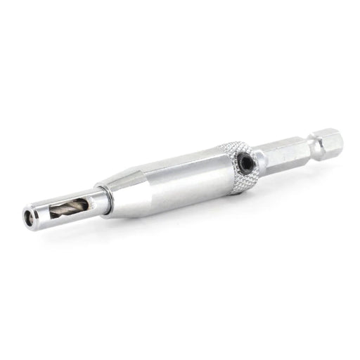 Metallic self centring hinge hole drill on a white background