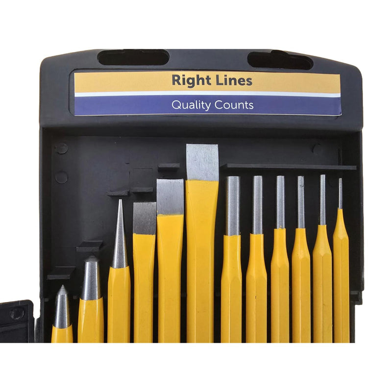 A set of yellow and silver chisels organized in a black plastic case with a blue and gold label that reads 'Right Lines Quality Counts'.